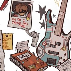 a drawing of a guitar, book and other items on the ground with notes attached to it