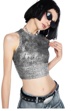 This Metallic Silver Cropped Top is sure to turn heads with its edgy style. Made from a cotton spandex blend, it features a ribbed finish for a unique look. Model is 5'6 108lbs wearing M Silver Crop Top Outfit, Matrix Fashion, Silver Crop Top, Metal Outfit, Trend Ideas, Crop Top Summer, Test Shoot, Slim Fit Crop Top, Tank Top Outfits