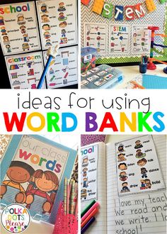 several different types of words and pictures with the words word bank written on them, including