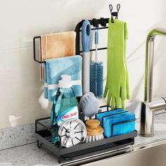 the kitchen sink is filled with cleaning supplies and scrubbing gloves, soap, sponges, toothbrushes, and other household items