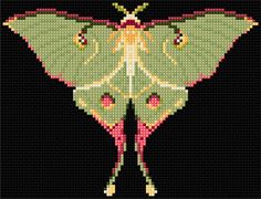 a cross stitch pattern of a green and yellow butterfly on a black background with red dots