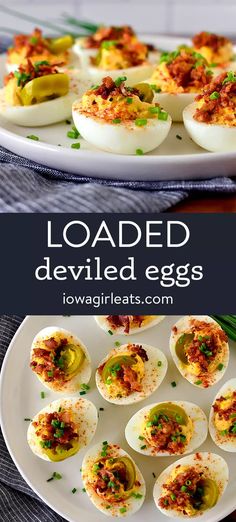 deviled eggs on a white plate with green onions