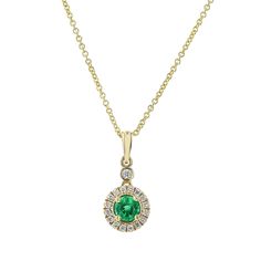 This pendant features 14K yellow gold and showcases a Zambian emerald and diamond, with the primary color being green and the secondary color being G-H. Part of the Schiffman's Exclusive Ben collection, the total carat weight of this piece is 0.17. Green Diamond Necklace In Fine Jewelry Style, Green Pendant Diamond Necklace For Formal Occasions, Green Brilliant Cut Necklace For May Birthstone, Fine Jewelry Green Diamond Necklace With Brilliant Cut, Green Pendant Necklace With Diamond Accents, Emerald Necklace In Brilliant Cut, Green Emerald Diamond Pendant Necklace, Classic Green Diamond Pendant Necklace, Green 14k Gold Necklace With Diamond Accents