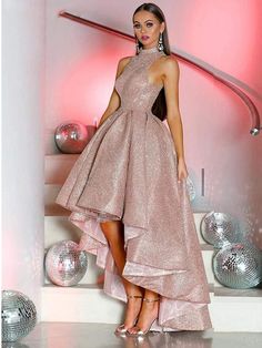 Rose Gold Prom Dresses, Rose Gold Prom Dress, High Neck Prom Dress, Graduation Party Dresses, Cheap Party Dresses, Sparkly Prom Dresses, Gold Prom Dresses, High Low Prom Dresses, 2020 Prom Dresses