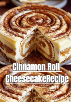 cinnamon roll cheesecake is cut into slices