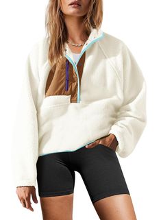 PRICES MAY VARY. Super soft fleece material, soft fluffy fleece fabric, comfortable and skin-friendly, makes you have a cute look, easy to match and wear it comfortable FASHION DEISGN: The button down sherpa pullover is very comfortable and loose to wear and you won't feel tight in it. It is made with soft fabric, nylon patches; zipper pockets; quarter-button closure, elastic cuffs, making it more comfy against the skin, can be worn next to your skin, you will never want to take it off. Features Womens Sherpa Jacket, Outfits Athletic, Fleece Cardigan, Button Down Sweater, Pleated Tennis Skirt, Fleece Jacket Womens, Sherpa Pullover, Jacket With Pockets, Fleece Shorts