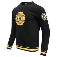 the boston hockey team's black and yellow jersey is shown in full color, with an emblem on the chest