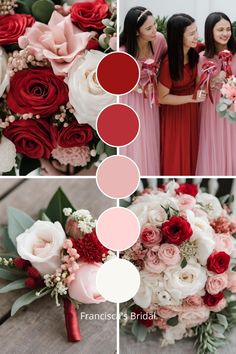 the bridesmaids are holding their bouquets with red and pink flowers