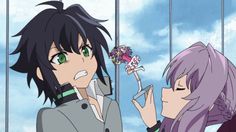 two anime characters standing next to each other and one is holding a flower in her hand