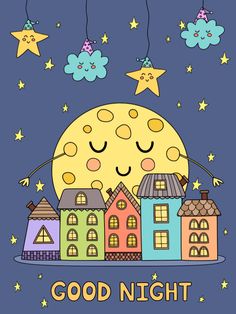 a cartoon moon with its eyes closed and the words good night above it