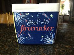 a blue firecracker box sitting on top of a counter