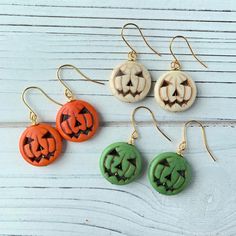 "Perfect little simple pumpkin earring for the fall and Halloween season! A fun gift for that friend who loves Halloween season or treat yourself. Thanks for looking! ~Lightweight ~Gold-plated, nickel-free ear wires ~Dainty 1.5\" drop ~Make it a set with the Pumpkin King Necklace: https://etsy.me/3B3GuMl or Bracelet: https://etsy.me/3ohm4rF" Fun Nickel-free Jewelry For Halloween, Handmade Dangle Earrings For Halloween, Whimsical Handmade Earrings For Halloween, Nickel Free Orange Halloween Earrings, Dangle Halloween Earrings, Vintage Handmade Halloween Earrings, Whimsical Handmade Halloween Earrings, King Necklace, Orange Nickel-free Earrings For Halloween