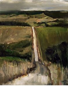 an oil painting of a country road in the middle of green fields and rolling hills