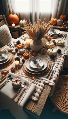 a table set for thanksgiving dinner with pumpkins, wheat stalks and candlesticks