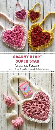 crocheted granny heart and other items are shown in three different colors, with the text granny heart super star written below