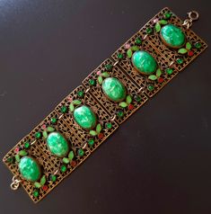 Max NEIGER vintage bracelet in gold metal, enamel, molded glass Czech Jewelry, Czech Glass Jewelry, Egyptian Revival, Glass Molds, Vintage Bracelet, Bracelet Vintage, Vintage Bracelets, Glass Jewelry, Vintage Art Deco