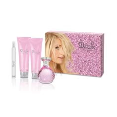 a woman's gift set with pink perfume and body lotion