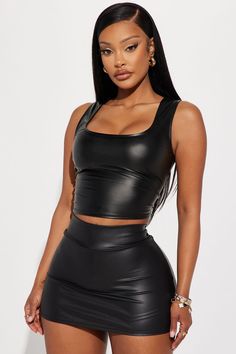 Available In Black And White. Square Neck Sleeveless Cropped PU Leather Stretch 95% Polyester 5% Spandex Domestic | Bad Girl Energy PU Crop Top in Black size Large by Fashion Nova Leather Crop Top Outfit, Edgy Black Club Crop Top, Fashion Nova Leather Outfits, Fitted Edgy Leather Tops, Fashion Nova Leather Jacket, Fitted Cropped Faux Leather Crop Top, Female References, Girl Energy, Womens Camisoles