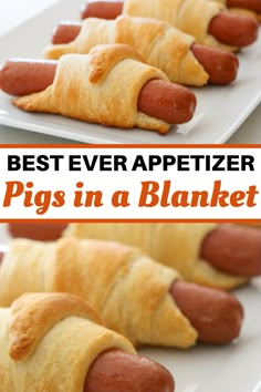 pigs in a blanket on a white plate with text overlay