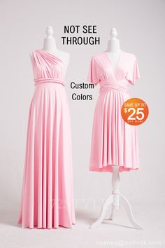 two dresses on mannequins, one in pink and the other in white