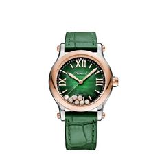 The Chopard Happy Sport series watch features a stainless steel 36 mm case, with a fixed bezel a green dial and a scratch resistant sapphire crystal. The alligator band is fitted with a buckle clasp . This beautiful wristwatch, powered by automatic movement, supports: hour, minute, second functions. This watch has a water resistance of up to 100 feet/30 meters, suitable for short periods of recreational swimming. This stylish Swiss-made timepiece is sure to complete any woman's collection. Chopard Watch Women, Chopard Watch, Gold Diamond Watches, Dancing Diamond, Swiss Luxury, Cartier Watch, Rose Gold Case, Breitling Navitimer, Rolex Daytona