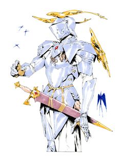 a drawing of two people dressed in armor with swords and lightning bolts on their shoulders