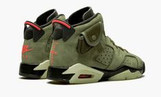 The Travis Scott x Air Jordan 6 GS is the children’s sizing of the Houston rapper’s coveted collaboration on Michael Jordan’s sixth signature design with Nike.  The Air Jordan 6 takes on an earthy aesthetic akin to both the high and low-top Air Jordan 1 designs imagined by Scott.  Here, an olive green nubuck upper covers the mid-panel, toe, and heel.  Drawing favorably from military influences, the design features an added stash pocket on the ankle collar that mirrors utilitarian cargo pants.  F Travis Scott Sneakers, Cactus Jack Travis Scott, Travis Scott Shoes, Yellow Cactus, Rapper Travis Scott, Air Jordan 6 Retro, Jordan 6 Retro, Cactus Jack, Sneaker Slippers