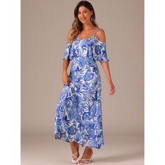 This off-shoulder tropical dress with a ruffle sleeve and midi-length details adds to your femininity. Suits for daily wear, casual, dating, weekend, shopping, beach, outdoors, vacation, etc. Pair with sandals and pretty bags for a casual and fashionable look. Fashioned in a lively flower pattern with a flare sleeve, this off-shoulder dress features midi length for a crisp finish to any look. Off-shoulder Floral Print Midi Dress For Beach, Off-shoulder Sundress Midi Dress For Vacation, Blue Off Shoulder Maxi Dress For Spring, Blue Off-shoulder Beach Dress, Off-shoulder Floral Maxi Dress For Beach Season, Blue Off-shoulder Dress For Beach, Vacation Maxi Off Shoulder Dress With Ruffles, Off-shoulder Midi Dress For Summer Vacation, Blue Off-shoulder Casual Dress For Vacation