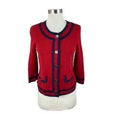 Talbots New Red Navy Blue Trim Button Cardigan Knit Jacket Size P 60% Cotton, 40% Rayon Armpit To Armpit, Lying Flat: 17" Length: 21" Ships From A Smoke Free Home Red Fitted Cardigan With Button Closure, Red Buttoned Cardigan For Work, Red Button-up Sweater, Red Buttoned Sweater For Work, Red Button-up Cardigan With Buttons, Red Button-up Cardigan With Button Closure, Red Button-up Cardigan, Classic Red Buttoned Cardigan, Classic Red Cardigan With Buttons