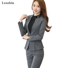 2 Piece Gray Pant Suits Formal Ladies Office OL Uniform Designs Women Elegant Business Work Wear Gray Uniform, Formal Pant Suits, Trousers For Girls, Suits Formal, Work Wear Office, Ladies Office, Stylish Suit, Uniform Pants, Pant Suits