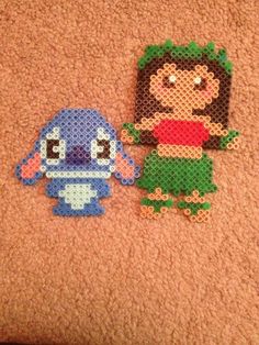 two pieces of perler bead art depicting cartoon characters