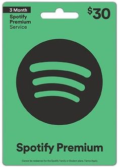 the spotify premium $ 30 gift card is green with black and white design on it