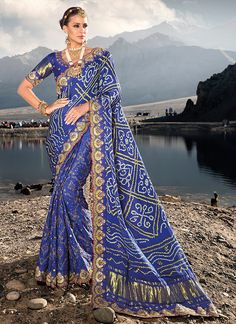 Royal Blue Multi Embroidery Bhandhej Satin Silk Saree Classic Saree, Mirror Work Saree, Traditional Saree, Indian Wedding Wear, Bandhani Saree, Wedding Saree Indian, Ghagra Choli, Blue Saree, Trendy Sarees