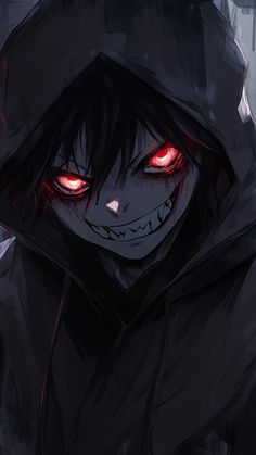 an anime character with red eyes wearing a hoodie