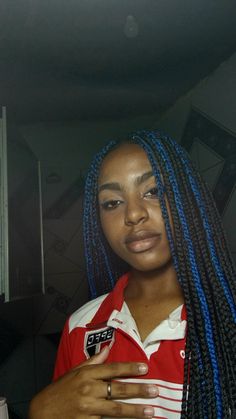 Work Braids, Blue Black Hair Color, Peekaboo Hair Colors, Braids Styling, Hair Colour Ideas, Colored Box Braids, Blue Black Hair, Braided Scarf, Peekaboo Hair