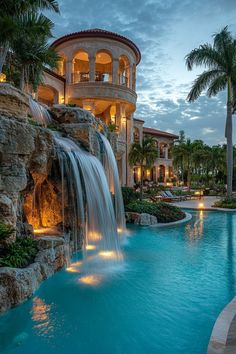 an outdoor pool with waterfall and lights at dusk