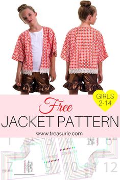 FREE Kimono Jacket Pattern for Girls 2-14 | TREASURIE Kimono Pattern Sewing, Girls Shirt Pattern, Girls Jacket Pattern, Kimono Pattern Free, Kimono Jacket Pattern, Kimono Sewing Pattern, Gilet Kimono, Diy Kimono, Toddler Patterns