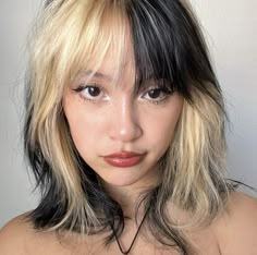 Cool Emo Hair Color, Skunk Style Hair, Choppy Dyed Hair, Face Framing Hair Dye Ideas, Hairdye Inspo Aesthetic, Medium Shag Layered Haircuts, Asymmetrical Dyed Hair, Face Framing Bleached Hair, Block Placement Hair