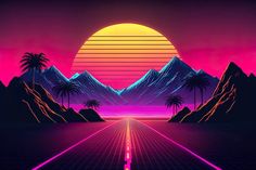 an image of a retro sci - fi landscape with palm trees and mountains in the background