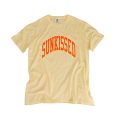 🛒This butter yellow Sunkissed shirt with neon orange logo is the perfect summer tee. Comfortable and stylish, it's perfect for the beach, pool or simply enjoying a warm day. Brighten up your wardrobe in this trendy soft bright neon t-shirt you'll want to wear all year round! This is your ultimate summer t-shirt. 📦 FREE SHIPPING on orders $35 or more to US shoppers 👕Brand = Comfort Colors 🧵Fabric = 100% Cotton 🎨Color/✂️Design = Butter Yellow (neon orange heat-applied vinyl) / Neon Orange (wh Casual Yellow T-shirt For Vacation, Sporty Relaxed Fit T-shirt For Summer, Yellow Slogan T-shirt For Summer, Oversized Orange T-shirt For Streetwear, Sporty Summer T-shirt With Text Print, Oversized Orange Summer T-shirt, Sporty Oversized T-shirt For Summer, Trendy Oversized Orange T-shirt, Yellow Slogan Tops For Summer