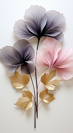 three different colored flowers on a white background with gold leaves and one pink flower in the center