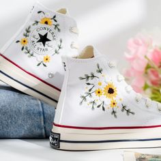 Welcome to LunnNest, a hand embroidered items shop. These are the most meticulously embroidered shoes that I give to you. I embroider them carefully and thoroughly with skillful hands. Converse type: Converse High Tops Chuck Taylor Converse color:  13. 1970s  White Price includes: Shoes + Embroidery as Pictured I can buy it for you at a store near your home or you can send me the canvas shoes you have available. Your embroidered Converse, Vans shoes are ready to ship in 8-16 days. I need this ki Sunflower Converse Embroidery, Multicolor Embroidered Sneakers For Summer, White Sneakers With Appliques For Summer, Embroidered Sneakers For Spring, Embroidered Closed Toe Sneakers For Spring, White Embroidered Sneakers For Summer, Spring Embroidered Sneakers, Converse Sunflower, Converse Types