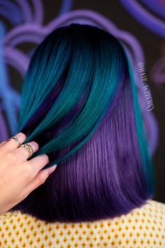 Fun Hair Color For Dark Hair, Layered Colors Hair, Fun Halloween Hair Color, Short Hair Color Ideas Purple, Gem Tone Hair, Crazy Hair Colour Ideas, Green And Purple Peekaboo Hair, Medium Hair Color Ideas Unique, Long Colored Hair Men