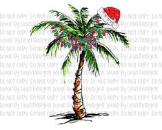 a drawing of a palm tree with a santa hat on it's head and decorations hanging from the top