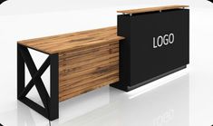 a black and wood counter with the word logo on it's side, in front of a white background