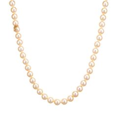 This is part of Chairish’s Fine Jewelry assortment.  Elegant Mikimoto cultured Akoya pearl necklace finished with a 18k yellow gold clasp (circa 2003).   8mm cultured Akoya pearls are individually knotted. The pearls are lustrous and show a glossy golden champagne hue.   The necklace was created in 2003 as a special anniversary edition to celebrate 110 years of Mikimoto (1893-2003). The special edition strand is a testament to Mikimoto craftsmanship. The pearls were produced with a piece of a go Classic Gold Pearl Necklace, Classic Gold Single Strand Pearl Necklace, Classic Yellow Gold Pearl Drop Necklace, Classic Yellow Gold Pearl Necklace With Charm, Classic Yellow Gold Pearl Necklace, Classic Gold Pearl Necklace With Round Beads, Classic 8mm Bead Pearl Necklace For Formal Occasions, Classic Formal Pearl Necklace With 8mm Beads, Classic Gold Pearl Necklace With 8mm Beads