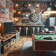 Indulge in the rustic charm of this modern man cave, designed with an exposed brick wall, a large TV, a pool table, a comfy recliner, a mini-fridge, a foosball table, a dartboard, vintage posters, and a stylish wooden bar. #ManCave #HomeDesign #EntertainmentRoom #GameRoom #InteriorDesign #RusticModern Rustic Playroom, Vintage Game Room, Comfy Recliner, Barn Bar, Bonus Room Design, Modern Man Cave, Rustic Man Cave, Male Aesthetic, Man Cave Furniture