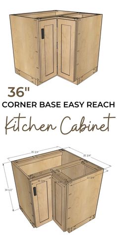 the corner base easy reach kitchen cabinet is shown in three different sizes and measurementss