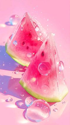 two slices of watermelon with bubbles on pink background