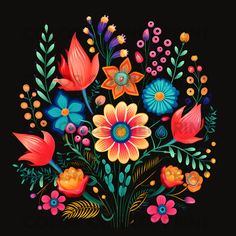 a bouquet of flowers painted in bright colors on a black background with leaves and berries